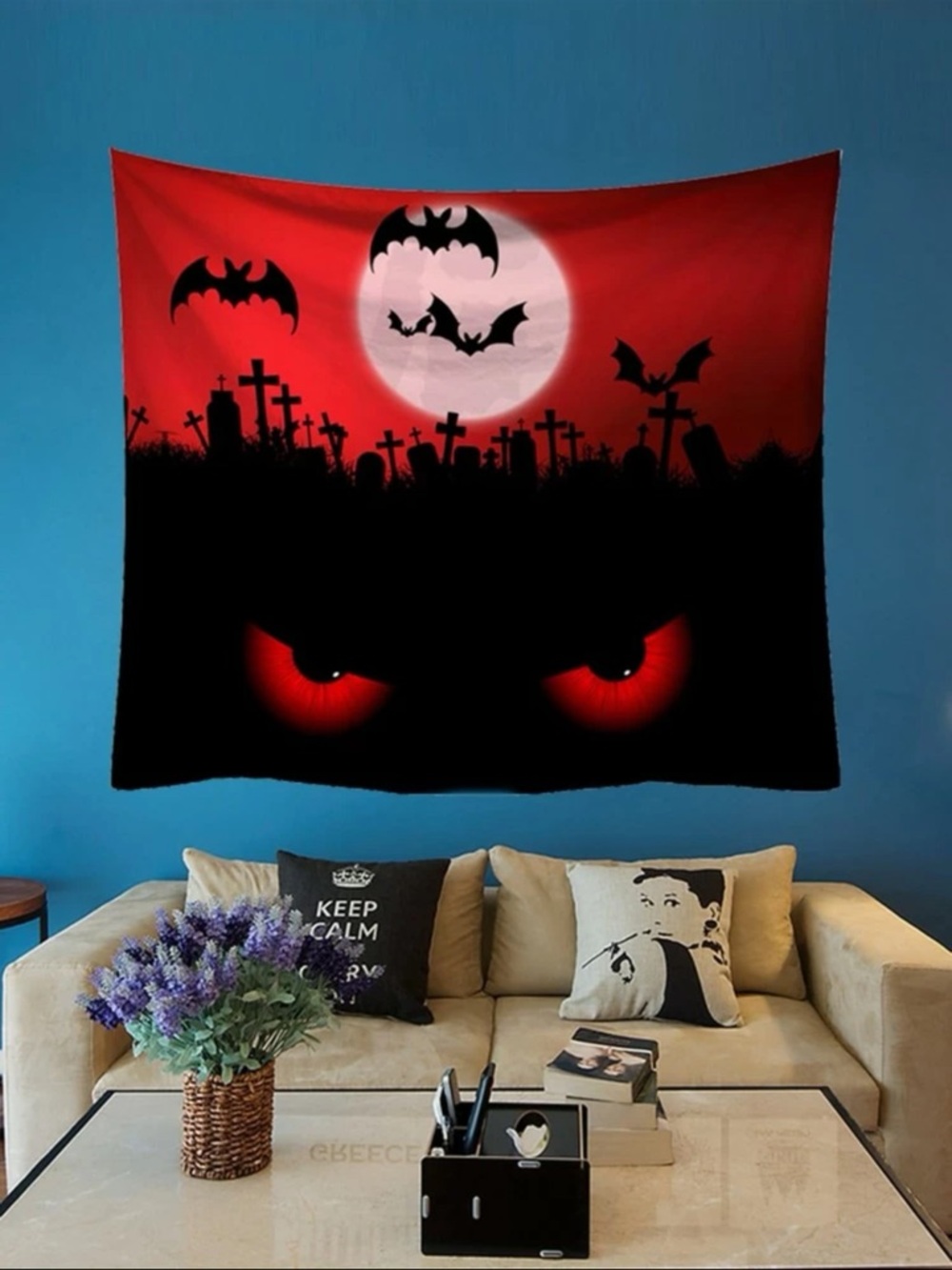 Red and Black Halloween Graveyard Wall Tapestry - Home Wall Decor